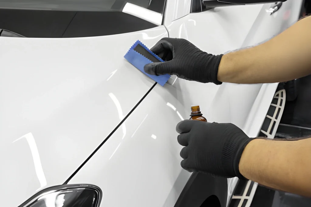Detailer applies ceramic coating to a white car's fender at Down Under Detailing LLC in Tallahassee.